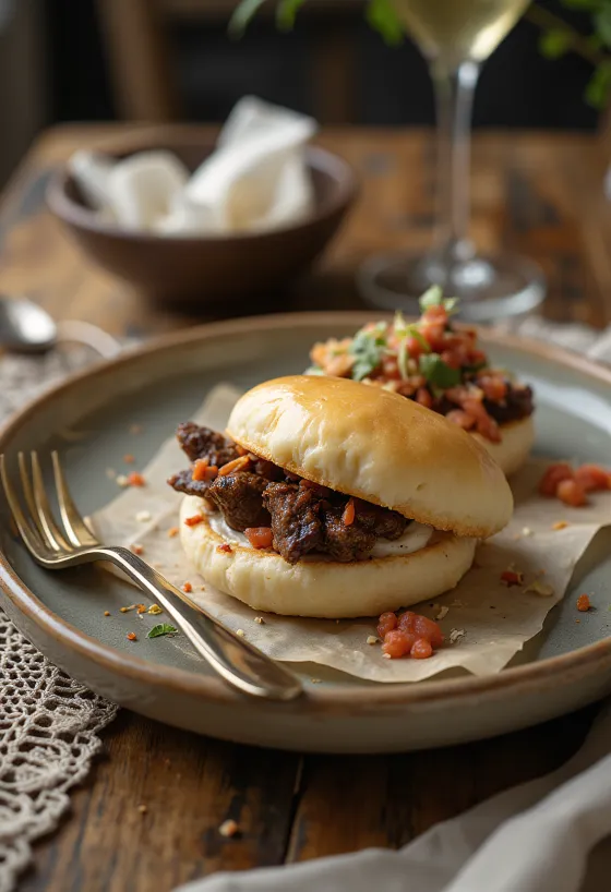 蒸したての焼き牛肉入りバオ、シンプルな盛り付け