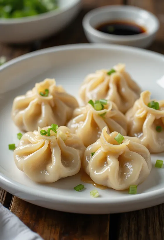 茹で上がった中国風鶏肉の水餃子、明るい皿に盛り付けられ、中身が見える