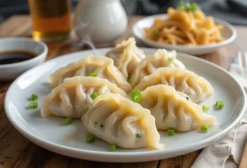 茹で上がった中国風鶏肉の水餃子、明るい皿に盛り付けられ、中身が見える