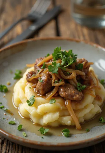 鶏レバーと玉ねぎのマッシュポテト添えの盛り付け