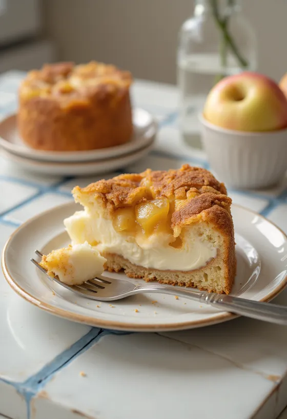 リンゴとシナモンで飾られたリンゴとシナモンのカッテージチーズケーキ
