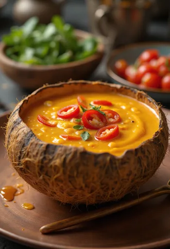 ボウルに入ったスパイシーチリココナッツミルクソース、新鮮なパクチーとチリのスライス添え。