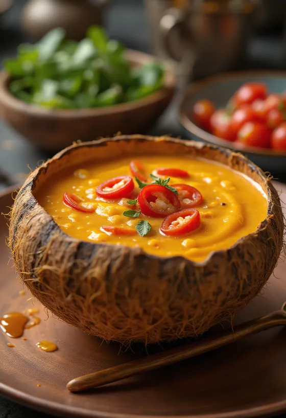 ボウルに入ったスパイシーチリココナッツミルクソース、新鮮なパクチーとチリのスライス添え。