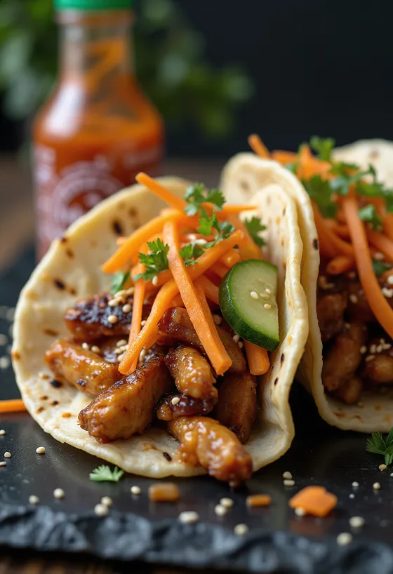 照り焼きチキン、漬け野菜、スパイシーマヨネーズを添えたフュージョンタコス