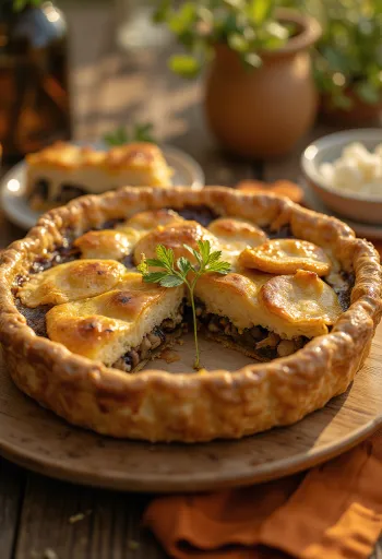 切り分けられたクリーミーなキノコのヴィーガンパイ