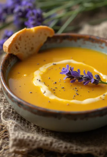 盛り付けられたラベンダー風味のカボチャクリームスープ