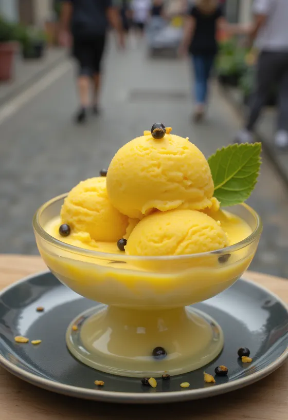 盛り付けられたパッションフルーツ・アイスクリーム