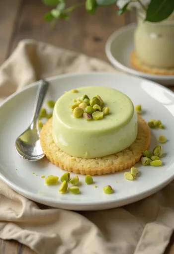 ピスタチオクリームとフレッシュピスタチオで飾られたピスタチオパンナコッタケーキ