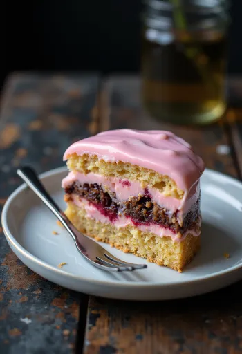 ピンクのアイシングがかかり、柔らかいスポンジが層になったカラフルなプンチョシュ・セレット。