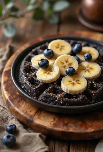 チアシード、キヌア、バナナ、ブルーベリー、アーモンドを添えたスーパーフードワッフル