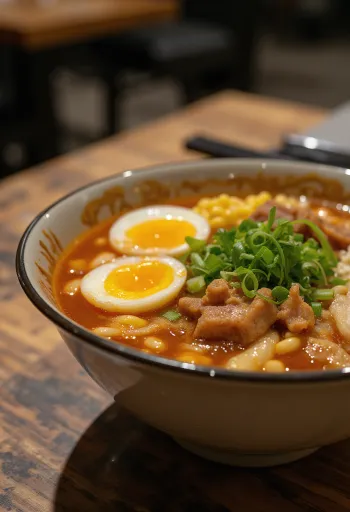 ひき肉、ゆで卵、野菜を乗せた味噌ラーメン