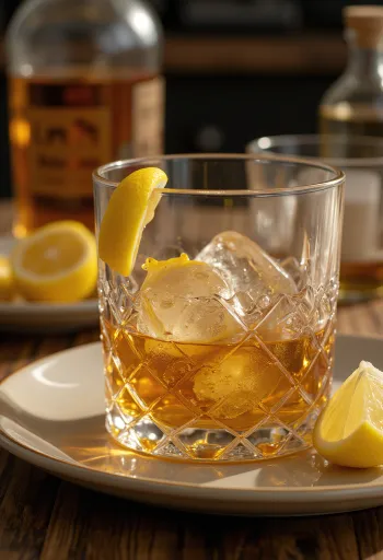 ロックグラスに注がれた黄金色のハニーウイスキーとレモンスライス