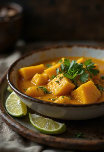 新鮮なパクチーを散らした、ライム風味のカボチャカレー