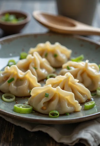 茹で上がった中国風豆腐入り水餃子、磁器の皿に盛り付け、断面から餡が見える