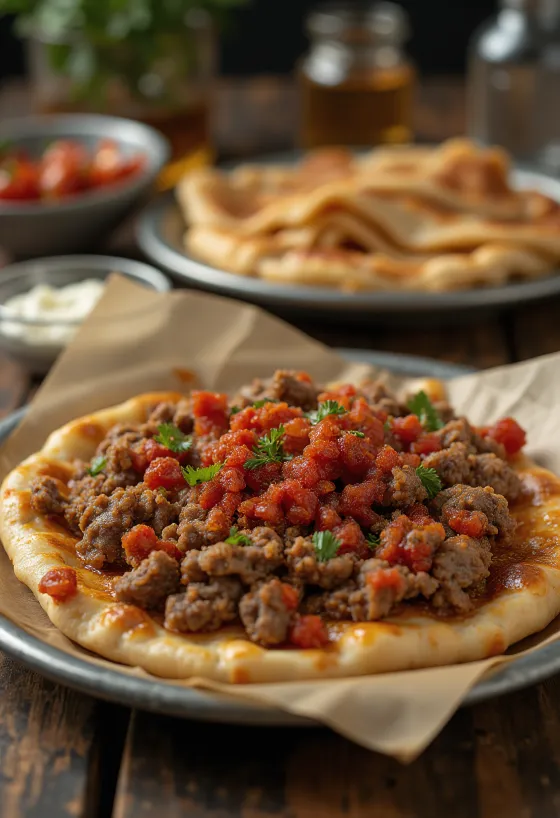 新鮮な生地とスパイス香る肉の具材を添えたラフマジュン