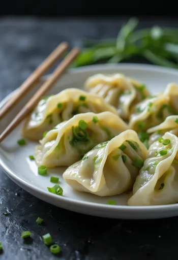 茹で上がった中国風ヴィーガン水餃子、シンプルな磁器の皿に盛り付け、野菜の餡