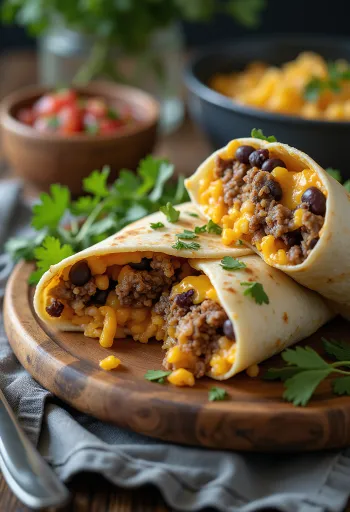 ご飯、豆、牛肉を詰めたトルティーヤロールのメキシカンブリトー