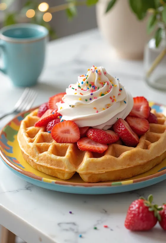 ホイップクリームとイチゴを添えたカラフルなバースデーワッフル