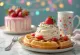 ホイップクリームとイチゴを添えたカラフルなバースデーワッフル