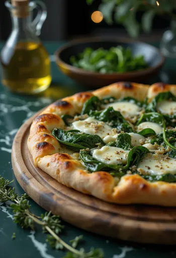 盛り付けられたほうれん草のクワトロフォルマッジピザ
