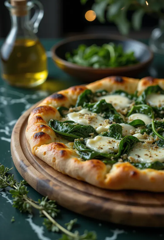 盛り付けられたほうれん草のクワトロフォルマッジピザ