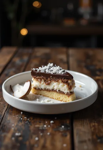 チョコレートコーティングとココナッツファインで飾られたバウンティ風ケーキ