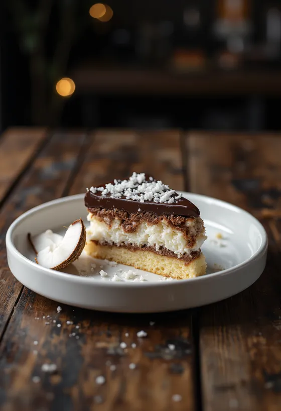 チョコレートコーティングとココナッツファインで飾られたバウンティ風ケーキ