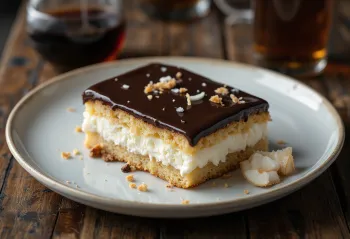 チョコレートコーティングとココナッツファインで飾られたバウンティ風ケーキ