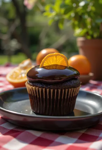 焼きたてのオレンジとチョコレートのカップケーキ