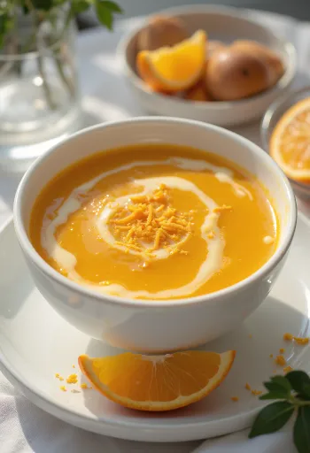 盛り付けられた蜂蜜とオレンジのニンジンクリームスープ
