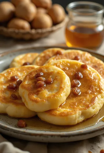 盛り付けられたエミレーツのパンケーキ、チェバブ