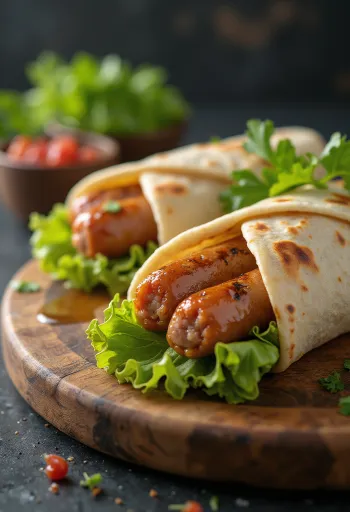 焼き目のついたトルティーヤで巻かれたソーセージと新鮮な野菜