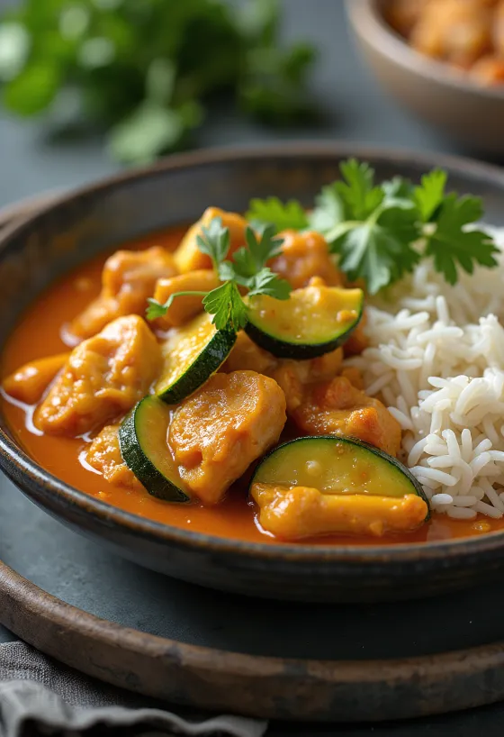盛り付けられた鶏むね肉のタイカレー