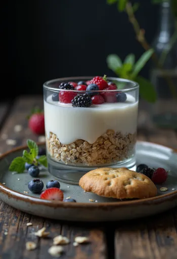 グラスに入ったオートミールクッキー底のパンナコッタ