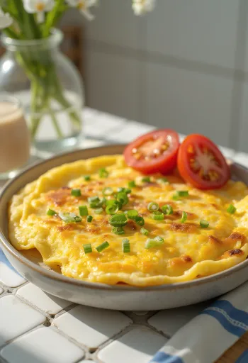 豆腐オムレツ、きつね色に焼き、新鮮なネギを添えて。