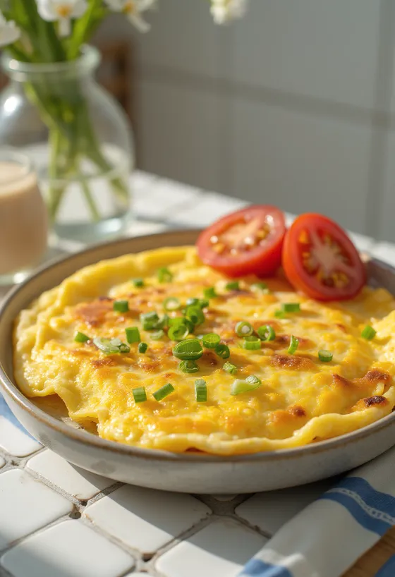 豆腐オムレツ、きつね色に焼き、新鮮なネギを添えて。