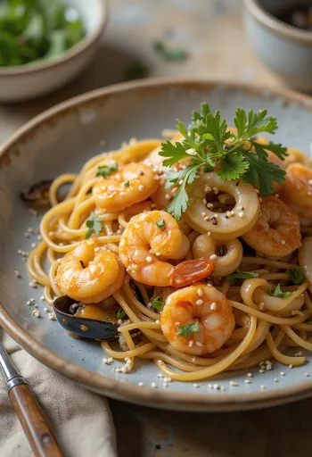 海鮮チャプチェ、サツマイモ春雨と野菜添え