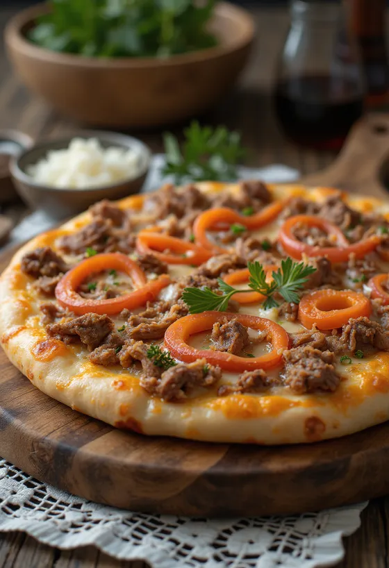 牛肉または馬肉を乗せたカザフスタイルのピザ