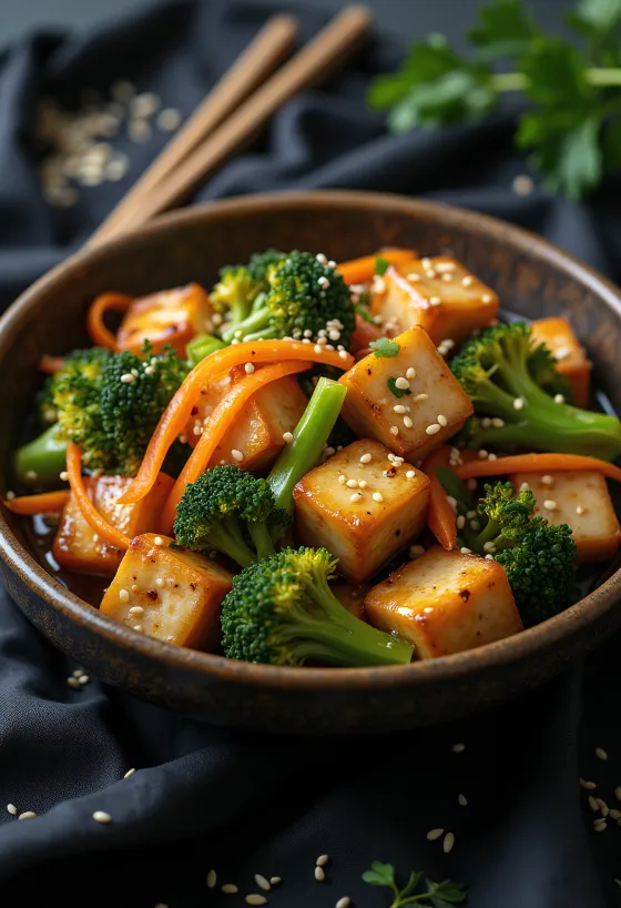 カリカリ野菜と一緒に盛り付けられた豆腐の野菜炒め
