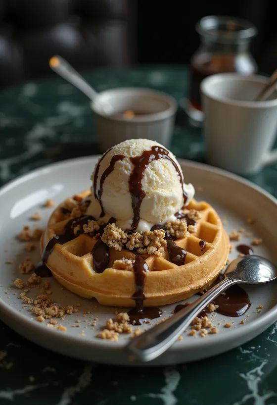 溶けかけのバニラアイスとチョコソースがかかった温かいワッフル