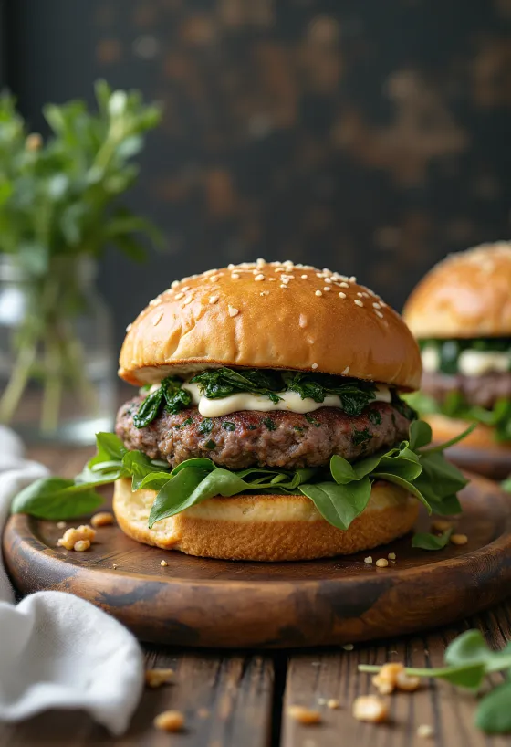 ジューシーなパテと炒めたほうれん草のフェタチーズバーガー