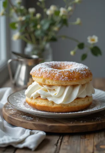 粉砂糖をかけたクリーム・ドーナツ