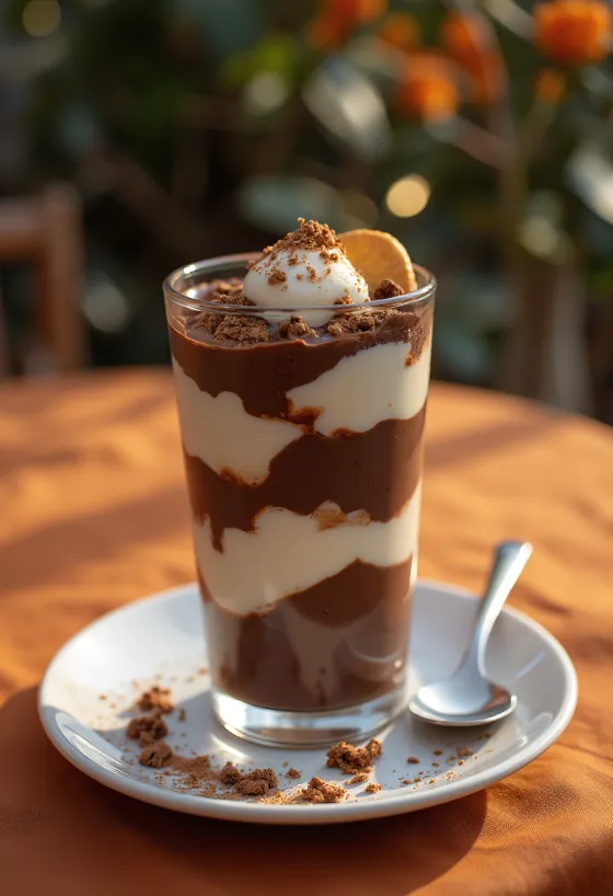 層状に重ねられ、削ったチョコレートが飾られたチョコレートのグラスデザート