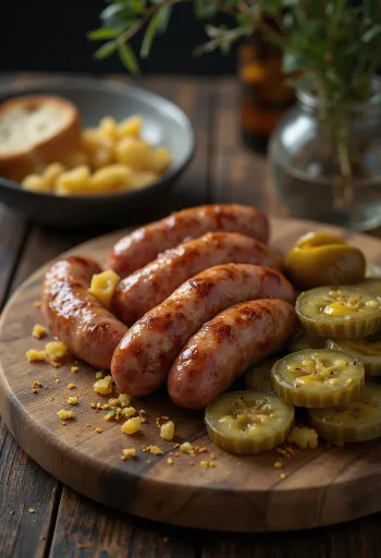 パンを添えた焼きソーセージと発酵キュウリ