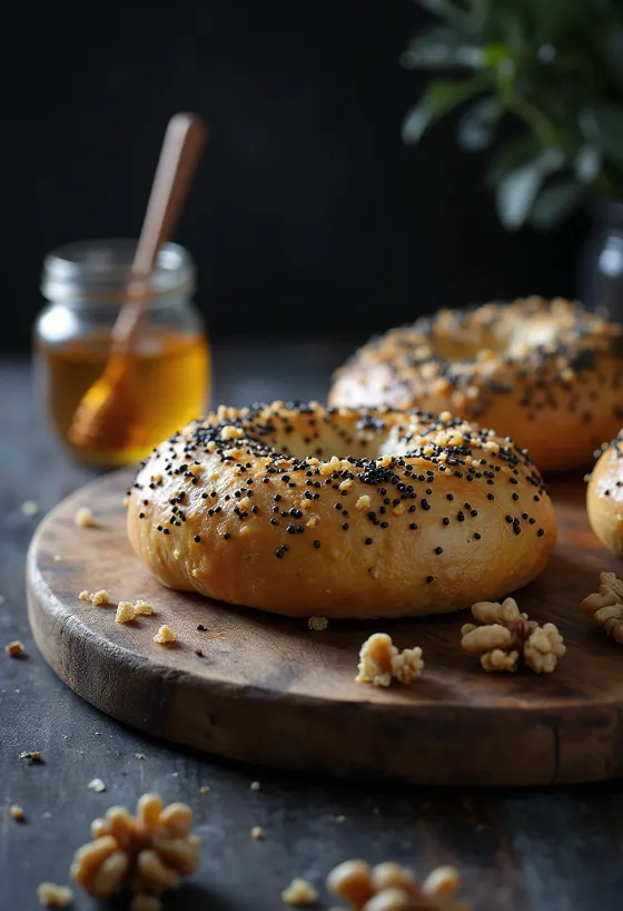 焼きたてのポピーシード、クルミ、マジパンのベーグル