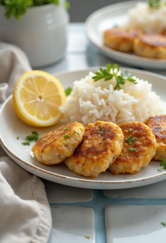 新鮮なパセリを添えた蒸しご飯と七面鳥のハンバーグ