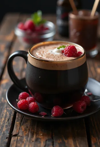 グラスに注がれたチョコレートとラズベリーのサイダー