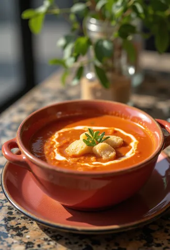 ボウルいっぱいの滑らかなトマトクリームスープ