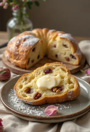 スライスされ、くるみと粉砂糖が添えられたローズウォーターとくるみのシュトーレン