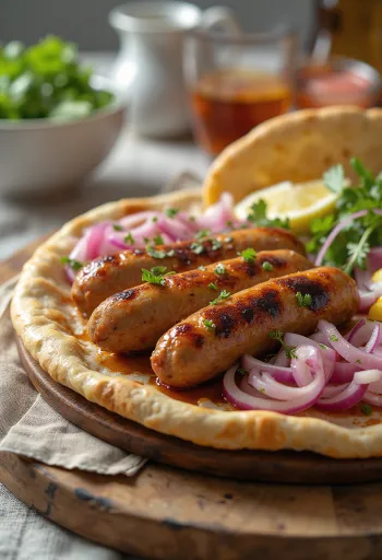 きつね色に焼きたての玉ねぎ添えチェヴァピ